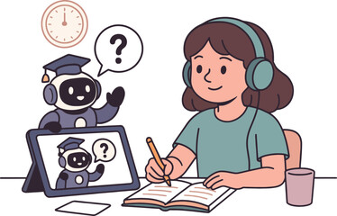 Online Learning Vector Illustration: Girl Studying with Robot Teacher.