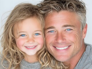 A happy father and his young daughter smile brightly for a close-up portrait showcasing their beautiful blue eyes and healthy smiles.