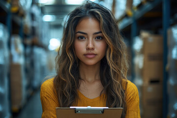Woman in warehouse, focused on tablet.