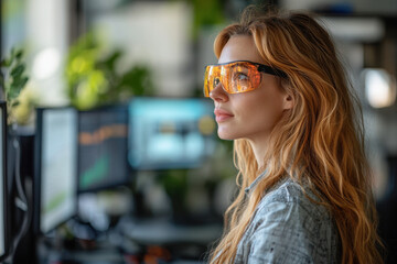 Woman in sunglasses looking at computer screen.