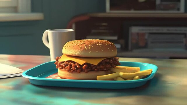Tasty sloppy joe with fries on colorful tray