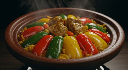 Delicious tagine with lamb stewed vegetables aromatic spices hot red pot food dish meal warm meat