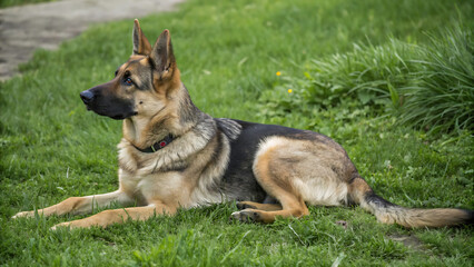 German Shepherd dog sitting on the grass in the park. Copy space
