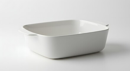 A simple square white baking dish with handles on a white background in studio light