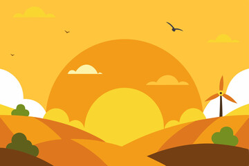cartoon hilltop sunrise with wind turbines  birds 