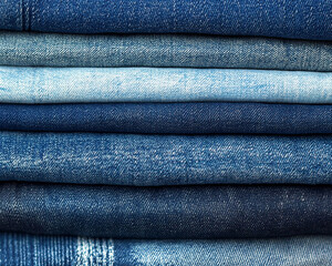 A close up shot of a neatly stacked pile of folded denim jeans in varying shades