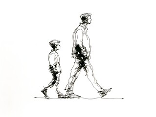 A simple line drawing depicts a father and son walking together side by side enjoying a casual stroll.