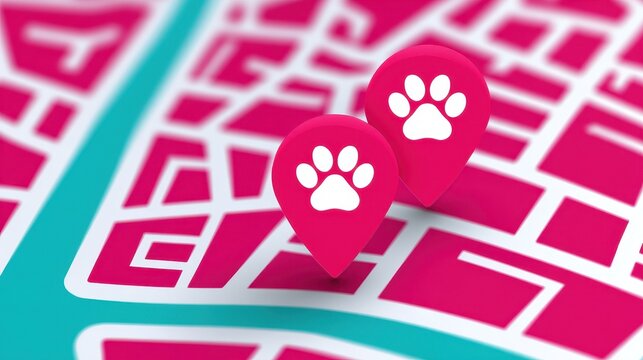 Stylized map showcasing lost and found pet locations in a city neighborhood using minimalist design and cheerful colors. National Lost Pet Prevention Month