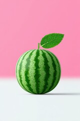 Fresh watermelon with a leaf on top against a pastel pink background for summer vibes and healthy snacks. National Watermelon Month