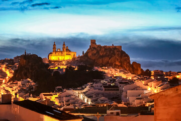 14th Century Olvera Castle and Town Illuminated at Dusk, Andalusia, Spain