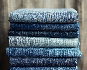 Stack of folded denim jeans in varying shades of blue on a neutral background