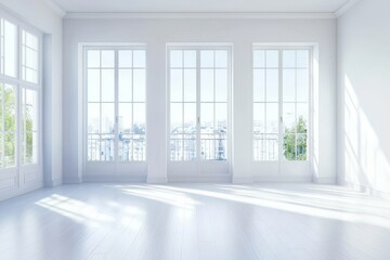 Fototapeta premium Chic white decor seamlessly integrated with outdoor balcony views.