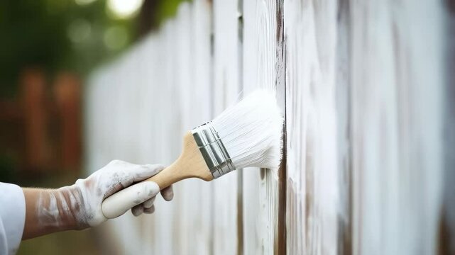 close up of hand with brush painting wooden fence with white color 