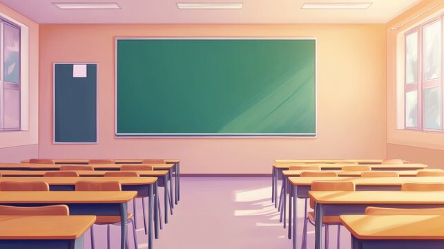 Empty school classroom and green chalkboard with empty space. Cartoon or Japanese anime watercolor painting illustration style.
