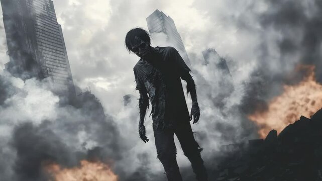 Decaying zombie trudging through smoking urban ruins, carnage filled landscape symbolizing apocalyptic devastation and imminent human extinction
