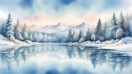 Snowy winter landscape with mountains and a calm reflecting lake  
