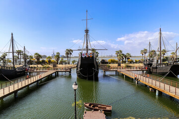20th Century Wharf of the Caravels at La Rábida. Huelva, Andalusia, Spain