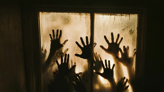 Ominous shadows of infected hands press against a frosted window pane, creating a chilling scene of desperation and horror during a zombie apocalypse