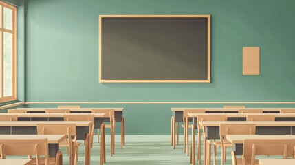 Empty school classroom and green chalkboard with empty space. Cartoon or Japanese anime watercolor painting illustration style.
