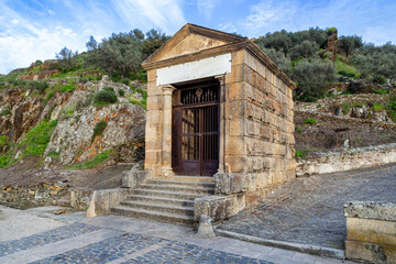 Ancient 1st-Century Roman Temple of Alcántara, Spain, Amidst Rocky Landscape