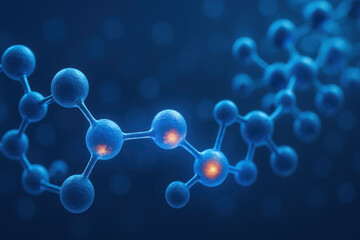 Molecular structure in blue with glowing centers represents bio innovation and engineering concepts in scientific research and development