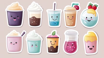 Adorable cartoon stickers of various colorful sweet drinks and desserts with happy faces, including iced coffees, smoothies, and parfaits