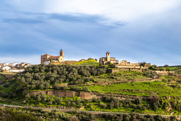 Scenic panoramic view of Alcántara, Cáceres, Spain, highlighting its historic buildings