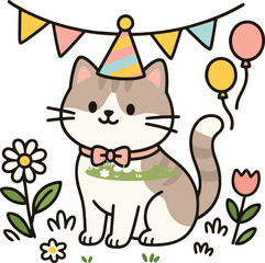 Cute Party Cat Vector Illustration, on White Background