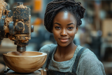 Woman shaping clay on pottery wheel.