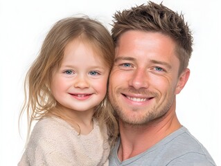 A happy father and his adorable young daughter smile warmly for a close-up portrait against a bright white background.