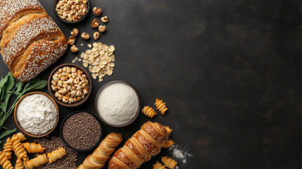 Variety of bakery ingredients and products, including bread, flour, nuts, and pasta, are artfully arranged on dark surface, showcasing diversity and richness of baking essentials