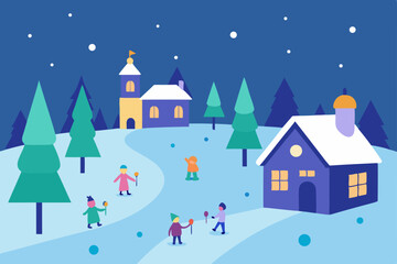 Fototapeta premium cartoon snowy village square with decorated trees .svg