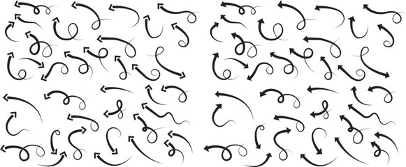 Arrow icon set. Hand drawn black line doodle arrow, curve arrow vector collection. Sketch curved dashed arrows design isolated on transparent background. Direction shape for web and app.