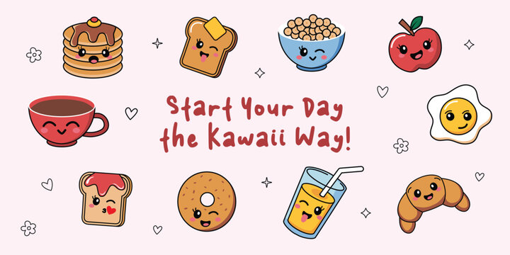 Cute kawaii breakfast foods with smiling cartoon faces. Vector set of cute breakfast items with kawaii expressions