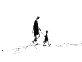 A minimalist line drawing depicts a father and child walking hand in hand across a gently undulating landscape.