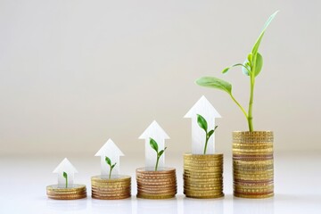 Financial growth concept: stacks of coins with plants and arrows showing upward trend