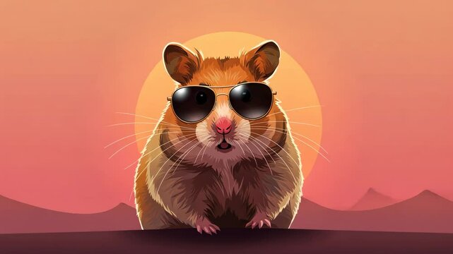 Hamster wearing sunglasses against a sunset backdrop