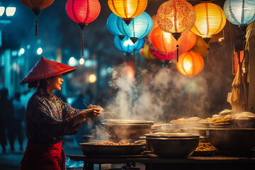 Vibrant street vendor in traditional attire serves steaming bowls of noodle soup colorful lanterns above