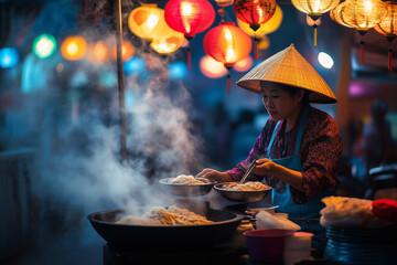 Vibrant street vendor in traditional attire serves steaming bowls of noodle soup colorful lanterns above