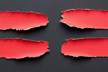 Four red paper strips with torn edges on dark gray background