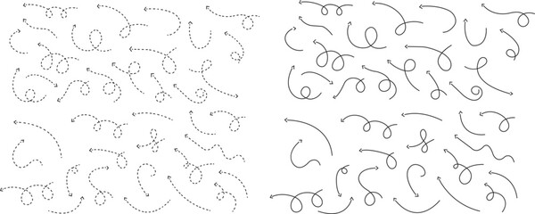 Arrow icon set. Hand drawn black dotted line doodle arrow, curve arrow vector collection. Sketch curved dashed arrows design isolated on transparent background. Direction shape for web and app.