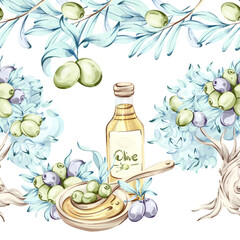 Olives and olive oil framed by nature in a seamless pattern celebrating the beauty of Italian cuisine and healthy eating through watercolor illustrations