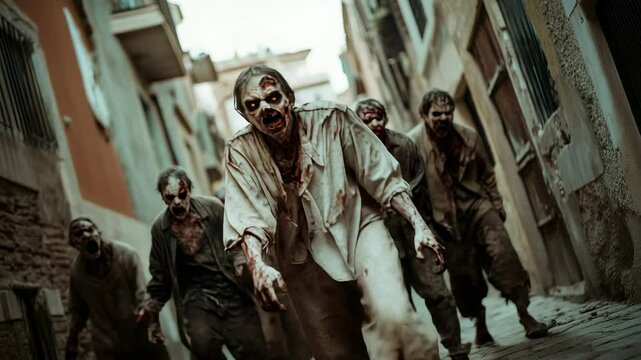 Decaying zombies with bloodstained shirts swarming narrow urban street, revealing apocalyptic landscape of abandoned devastation and uncontrolled viral infection