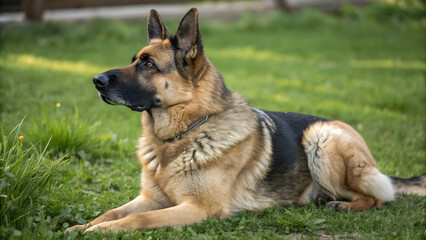 Fototapeta premium German Shepherd dog sitting on the grass in the park. Copy space 