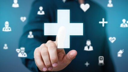 Digital healthcare solutions concept man touching plus sign medical technology app