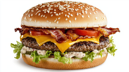 Juicy hamburger with sesame seed bun, crispy bacon, cheddar cheese, fresh lettuce, and tomato, perfect for delicious meal