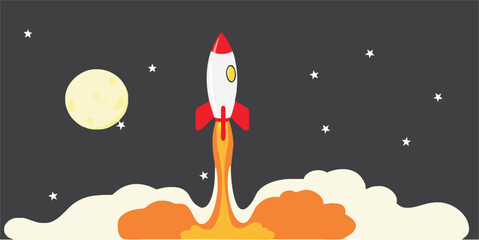 white rocket launch space exploration vector illustration with moon starry background .eps