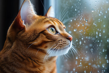 A cat gazes out the rain-streaked window.