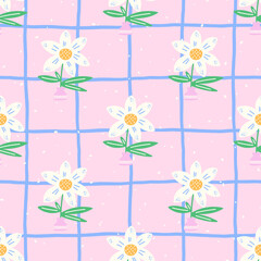 Cute floral and plant vector seamless pattern featuring kawaii cactuses, daisies, leaves with checkered and gingham background. Doodle style with Nordic folk elements for modern fabric print