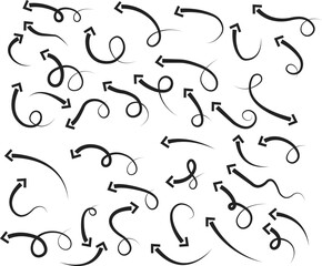 Arrow icon set. Hand drawn black line doodle arrow, curve arrow vector collection. Sketch curved dashed arrows design isolated on transparent background. Direction shape for web and app.